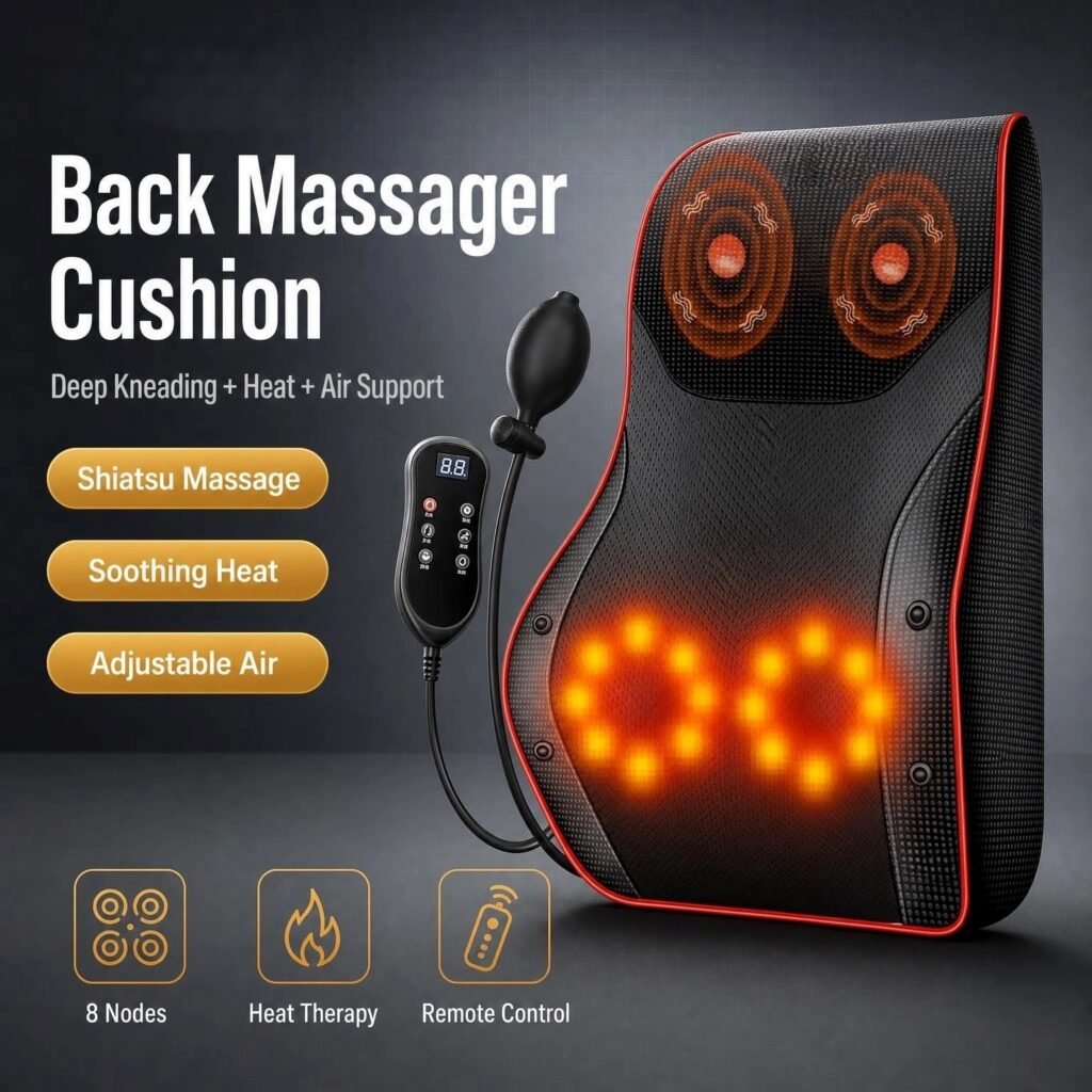 Back Massager Cushion · Shiatsu Kneading · Heat & Air Support · Remote Control