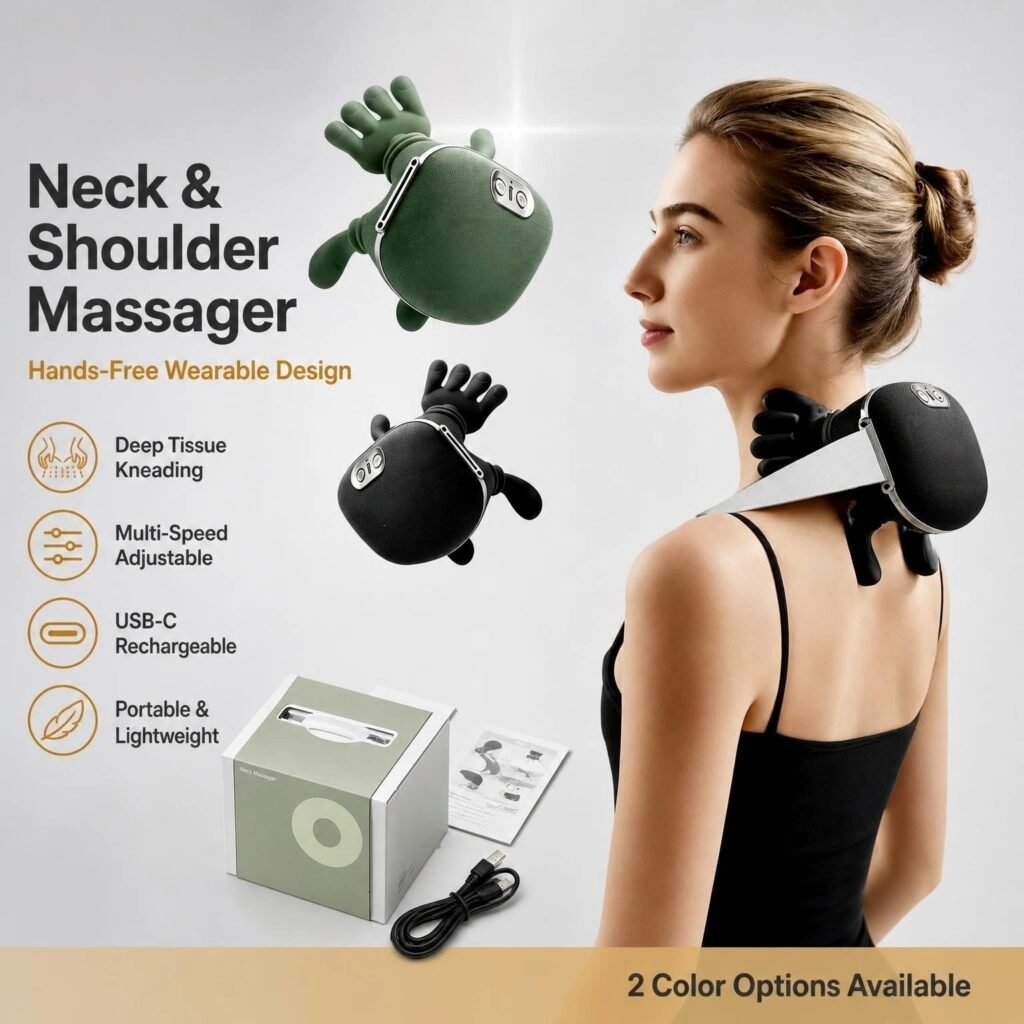 Neck & Shoulder Massager · Hands‑Free Wearable · Deep Tissue Kneading · USB‑C Rechargeable