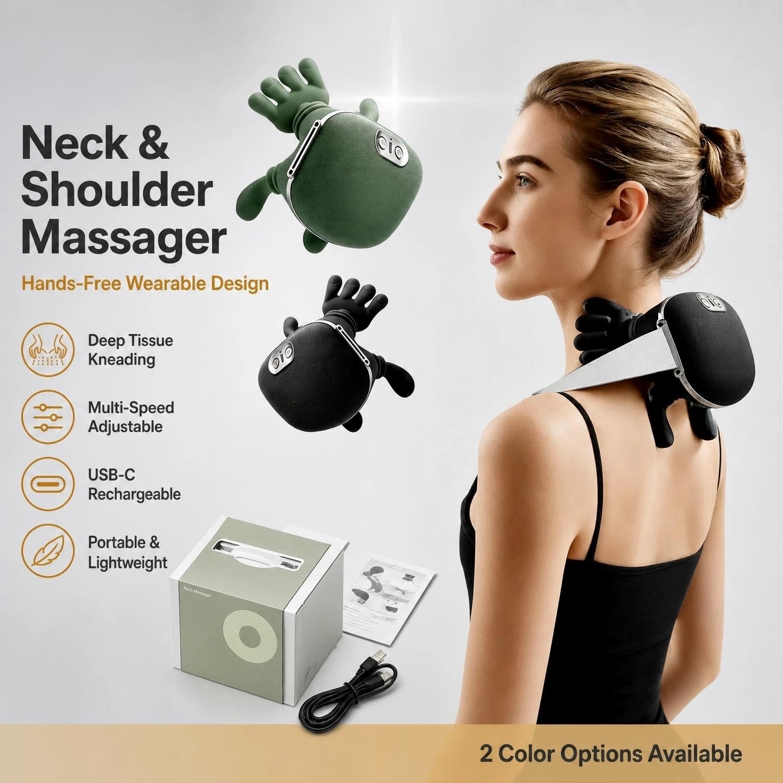 Neck & Shoulder Massager · Hands‑Free Wearable · Deep Tissue Kneading · USB‑C Rechargeable