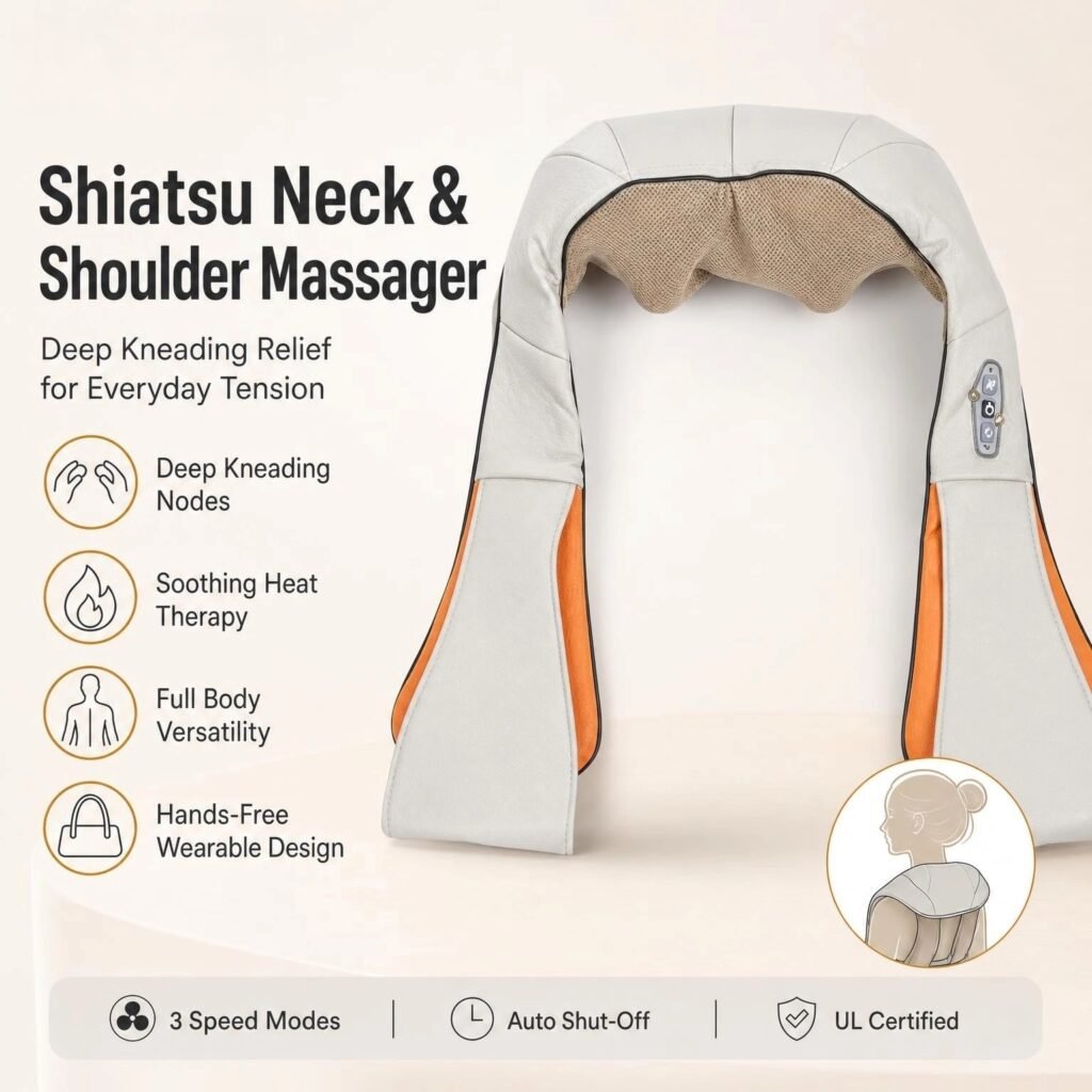 Neck & Shoulder Shiatsu Massager · Deep Kneading · Heat Therapy · Wearable Design