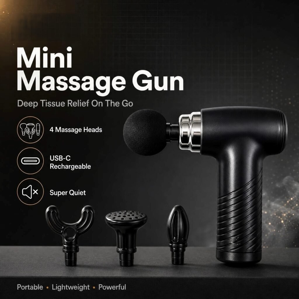 Mini Massage Gun · Deep Tissue Relief · 4 Heads · USB‑C · Ultra‑Quiet