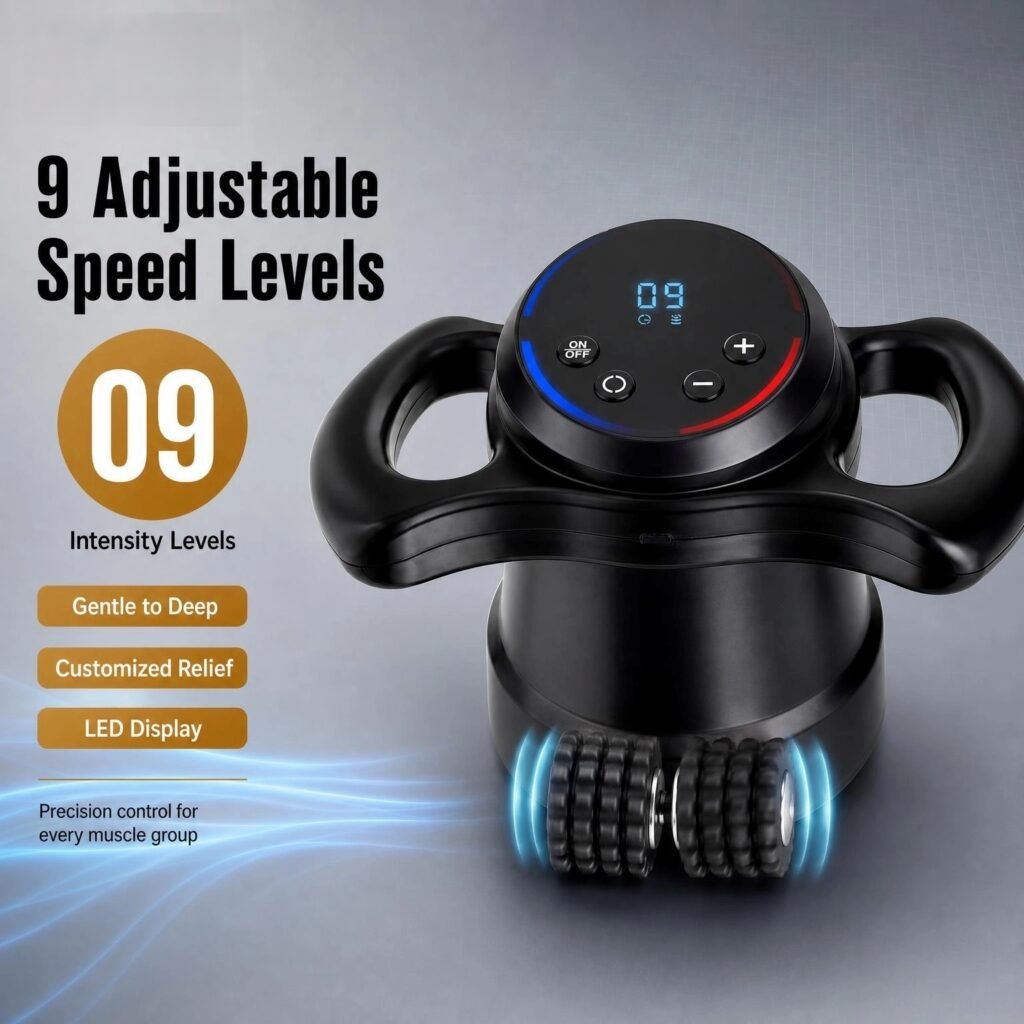 Handheld 360° Roller Massager · Everyday Muscle Comfort · Adjustable Intensity · 2 Heads