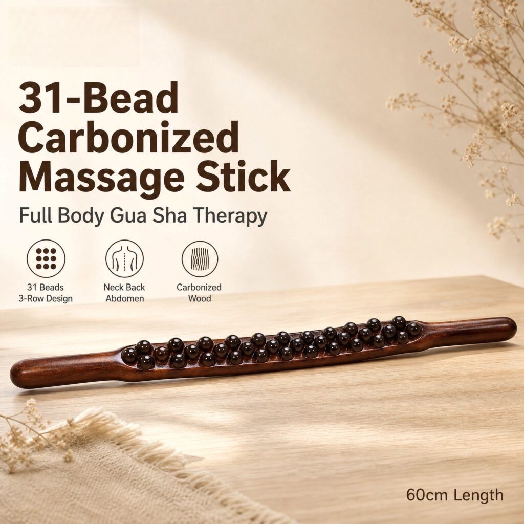 31‑Bead Carbonized Wood Massage Stick · 3‑Row Design · Full Body Gua Sha · 60cm · Neck Back Abdomen