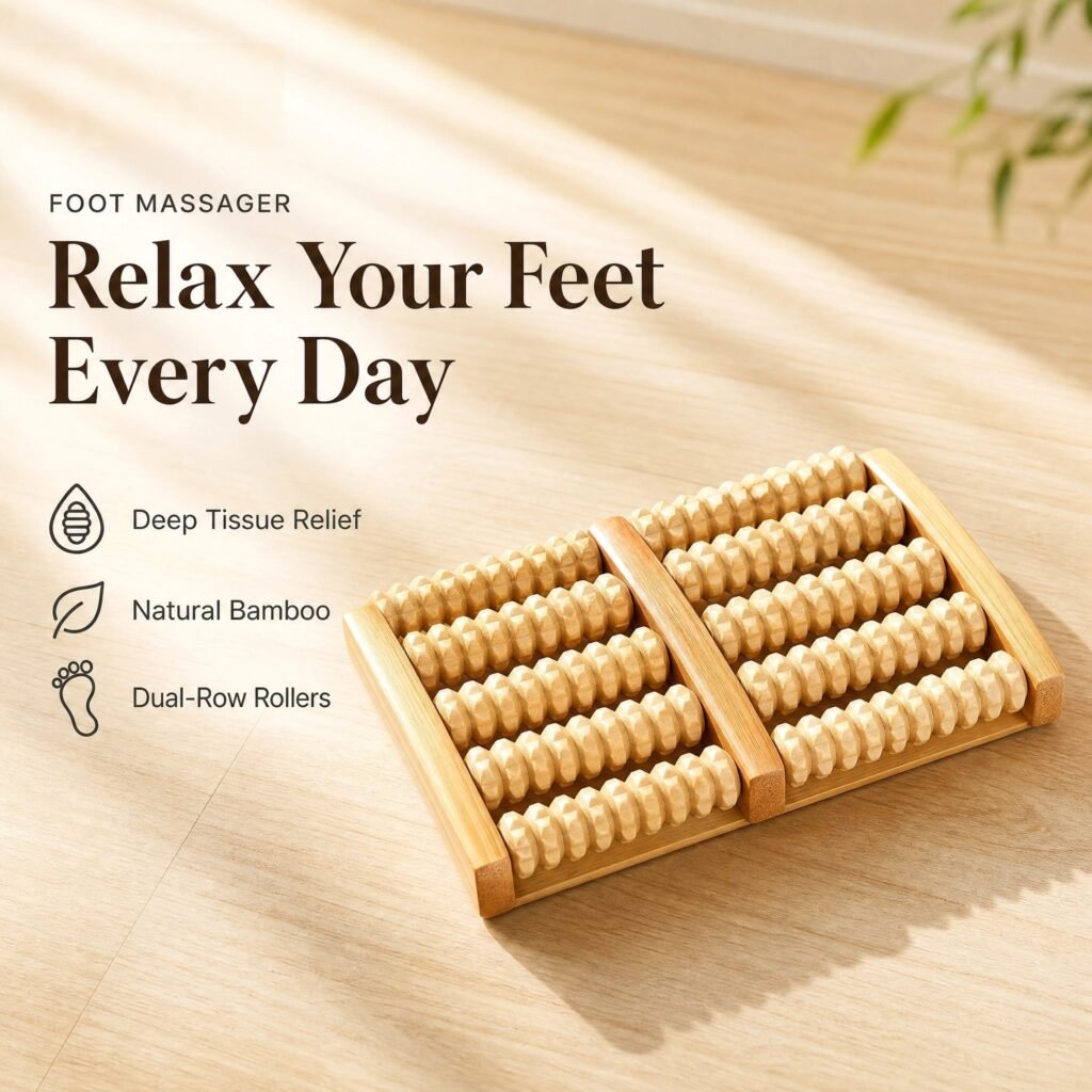 Wooden Foot Roller Massager · Natural Bamboo · Dual‑Row Rollers · Deep Tissue Relief · Portable