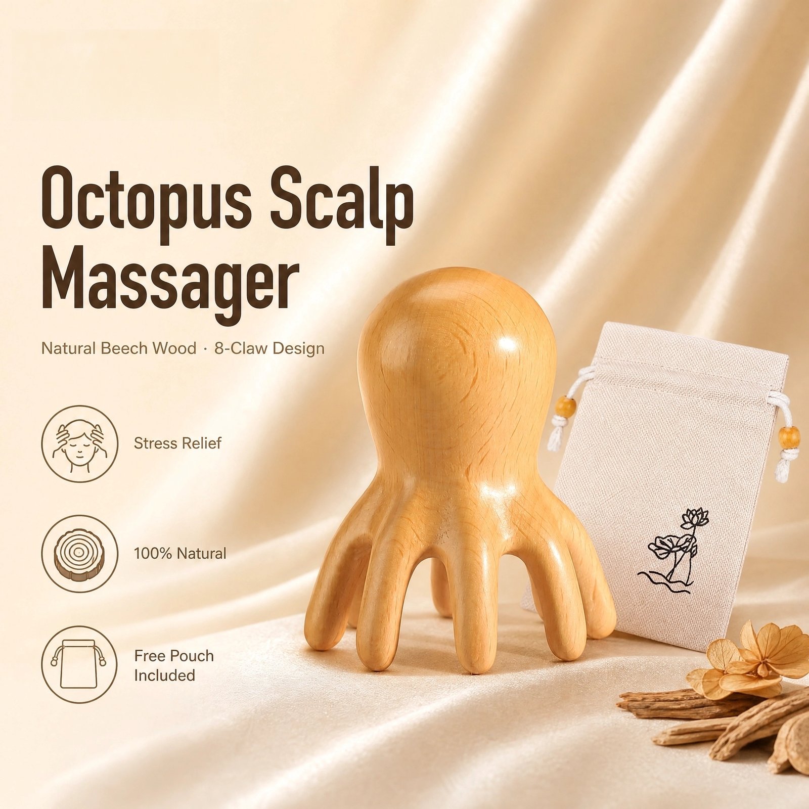 Octopus Scalp Massager · 8‑Claw Head · Natural Beech Wood · Everyday Comfort · Portable · With Storage Pouch