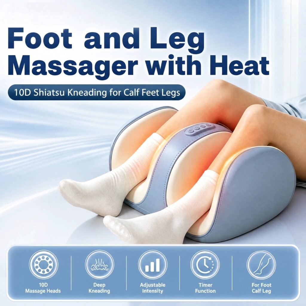 Foot & Leg Massager with Heat · 10D Biomimetic Nodes · Upgraded Motor · 3‑in‑1 · 3 Modes & 3 Intensities · Smart Timer