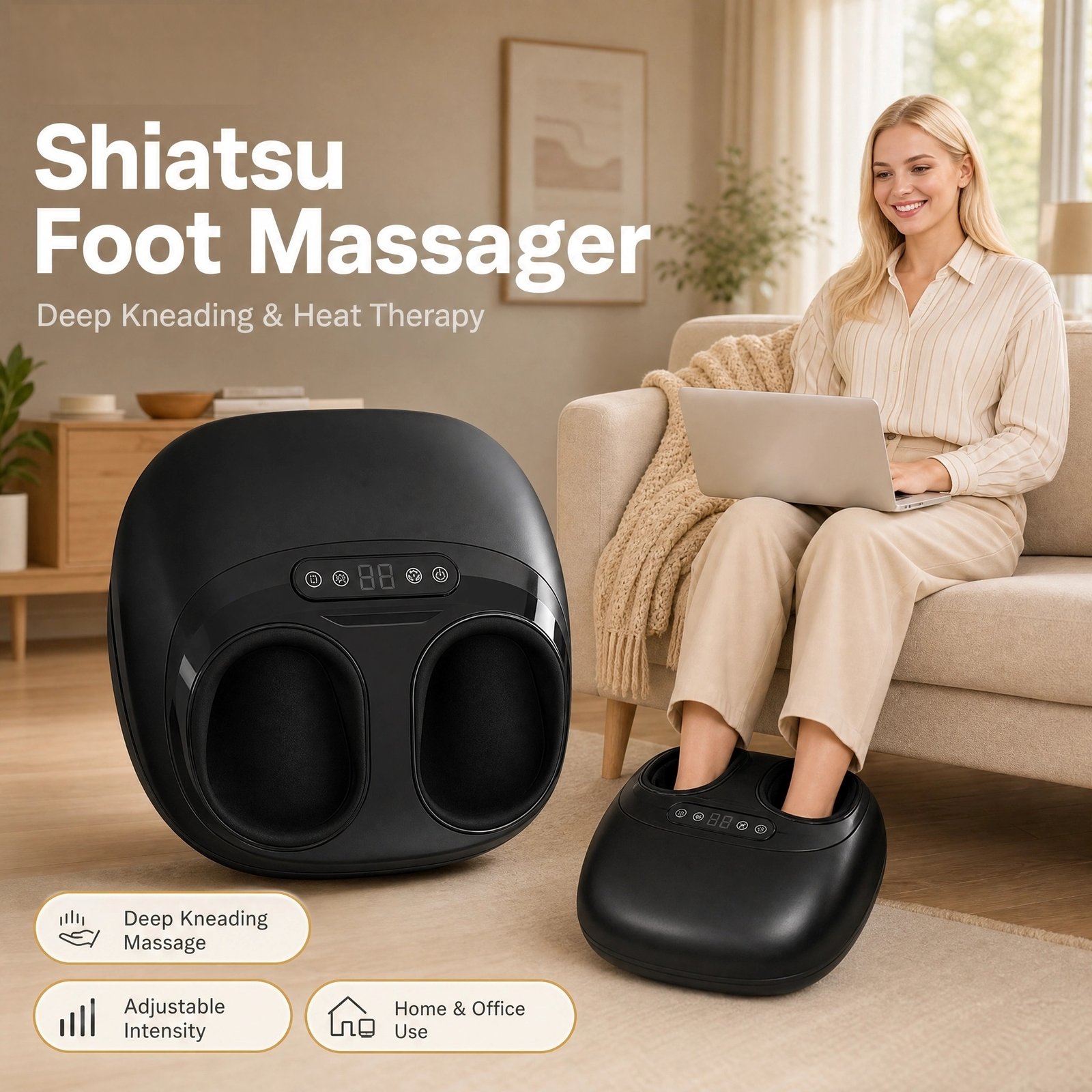 Shiatsu Foot Massager · Deep Kneading · Heat Therapy · Adjustable Intensity · Home & Office Relaxation
