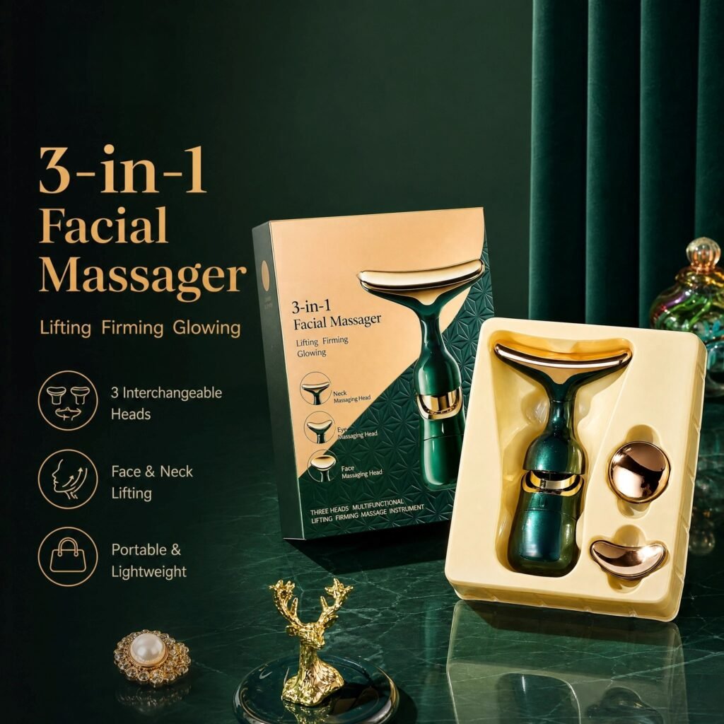 3-in-1 Facial Massager · Interchangeable Heads · Face · Neck · Eye · Lifting & Firming · Portable