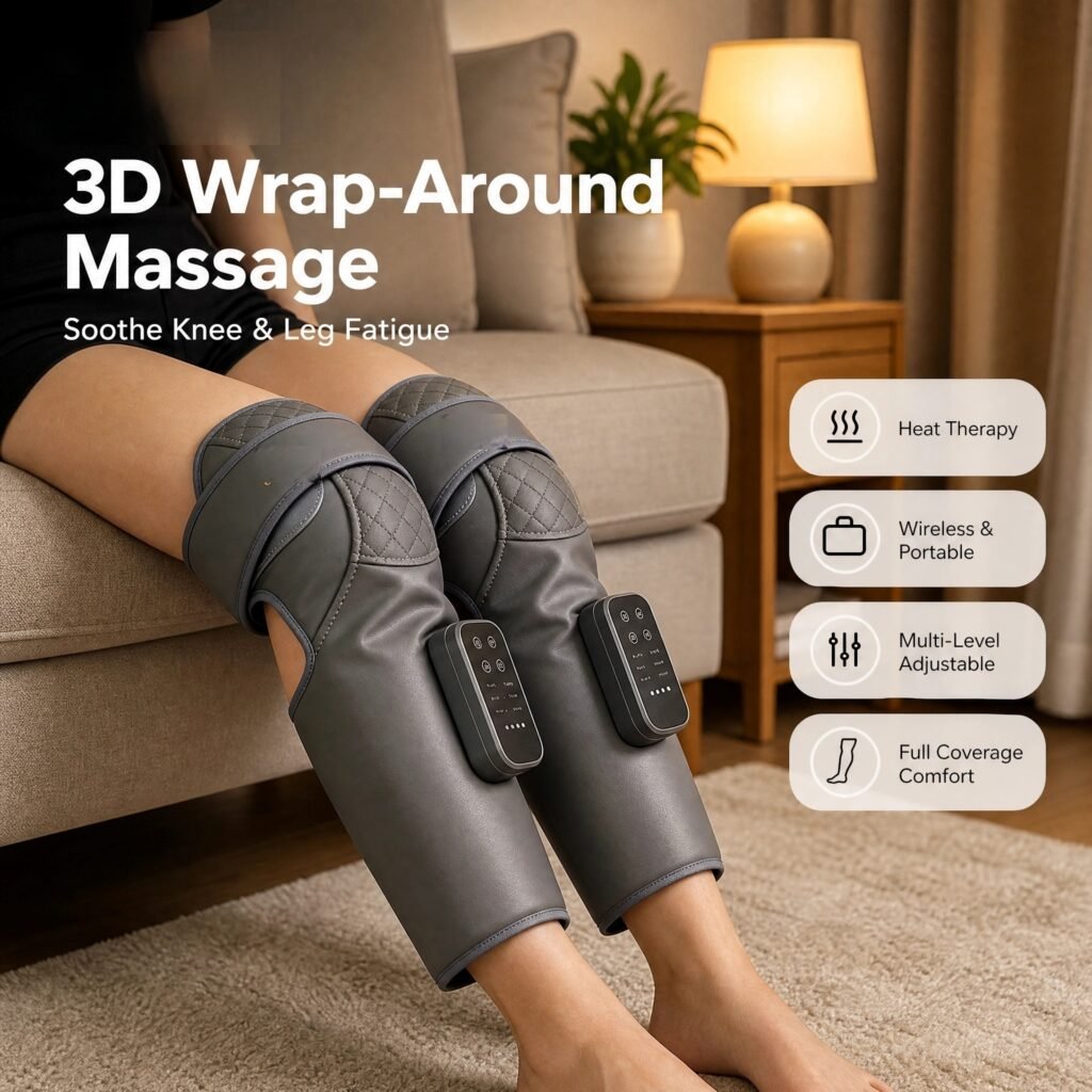 Knee & Leg Massager with Heat · 3D Wrap‑Around Massage · Wireless · Portable · Multi‑Level Adjustable