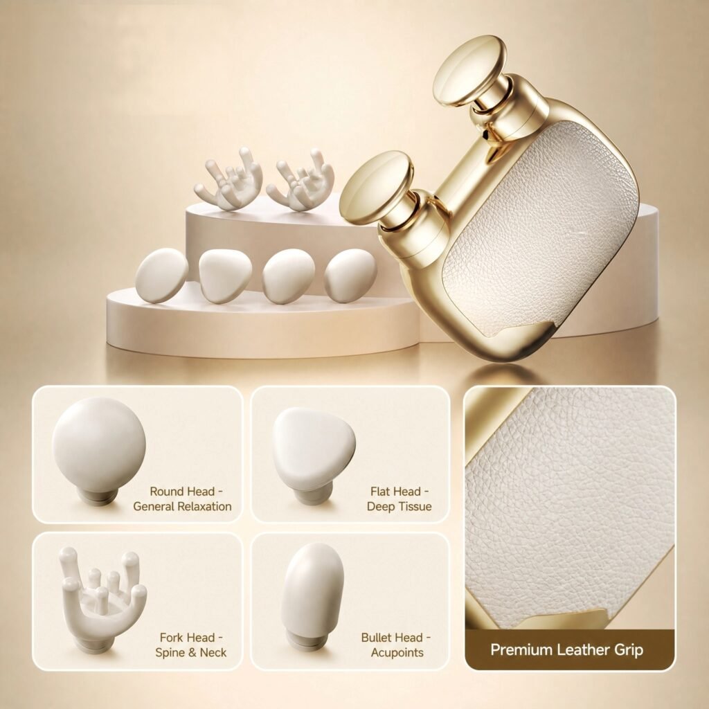 Mini Massage Gun · Gold Gift Set · AI Smart Frequency · 3500RPM · 12kg Force · 10mm Percussion · 3 Speeds · 4 Heads