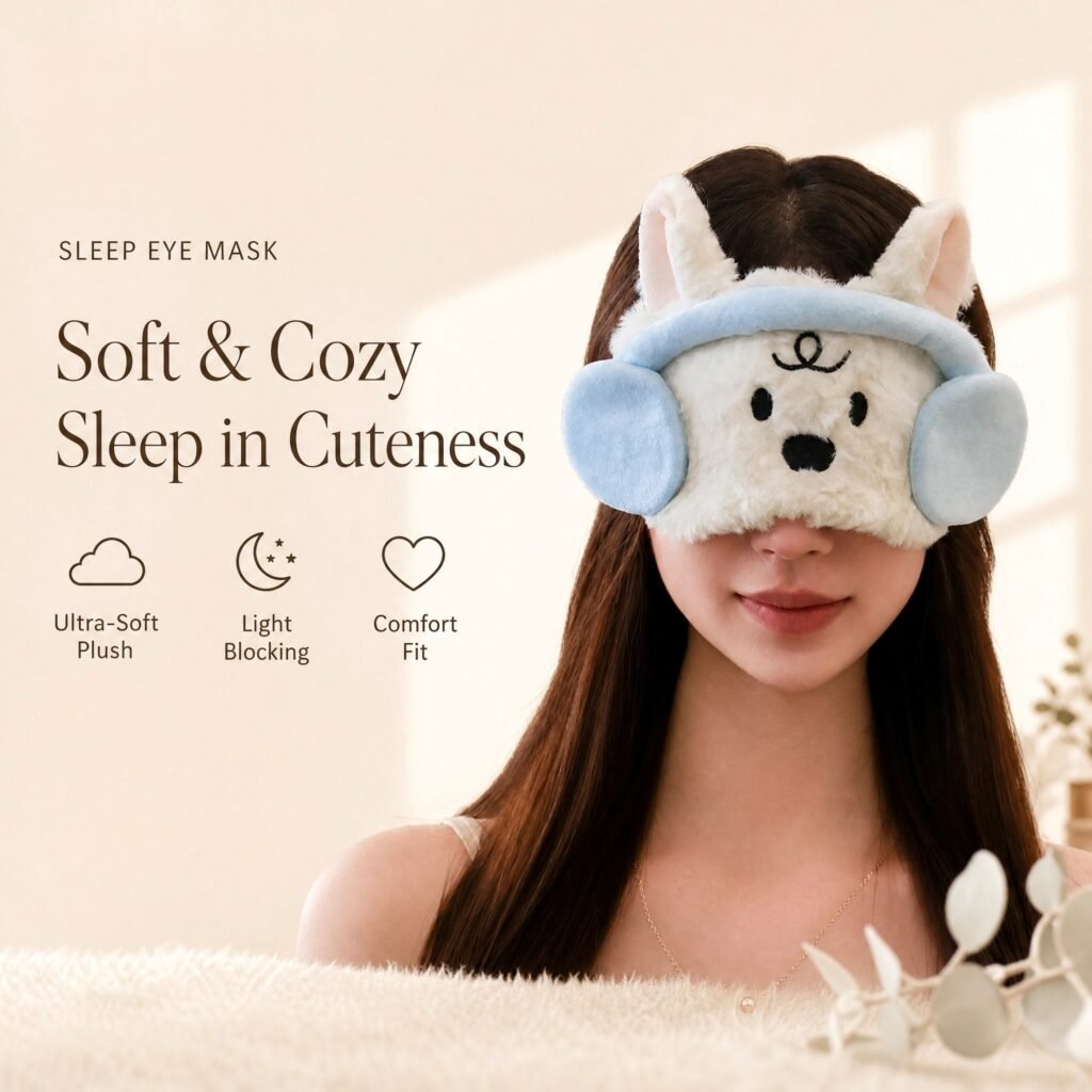 Cartoon Dog Plush Sleep Eye Mask · Soft 3D Ears · Light Blocking · Comfortable Strap · Travel & Nap