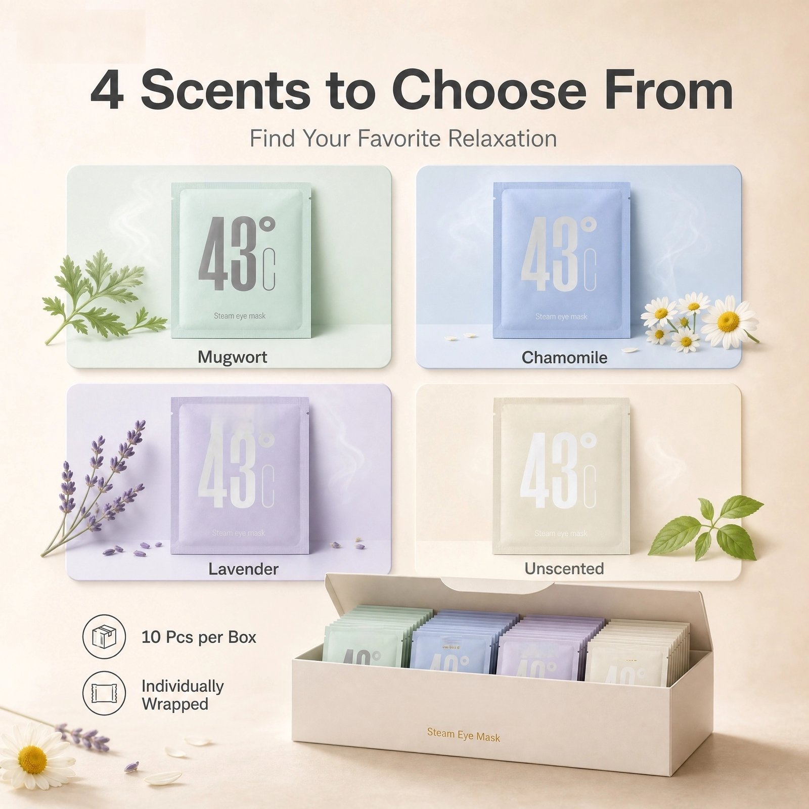 43°C Steam Eye Mask · 10‑Pack · Constant Warmth · Soothes Eye Fatigue · Portable · Multi‑Scent