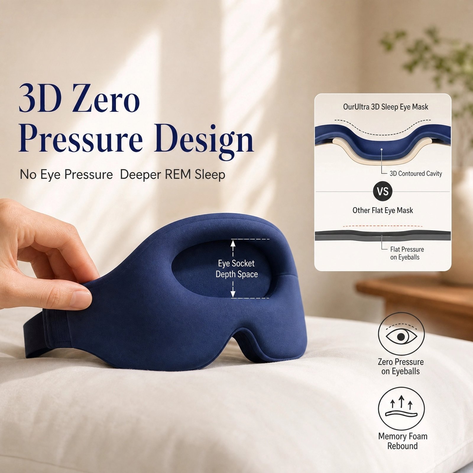 3D Contoured Sleep Eye Mask · Total Blackout · Lightweight · Pressure‑Free · Soft Smooth Fabric