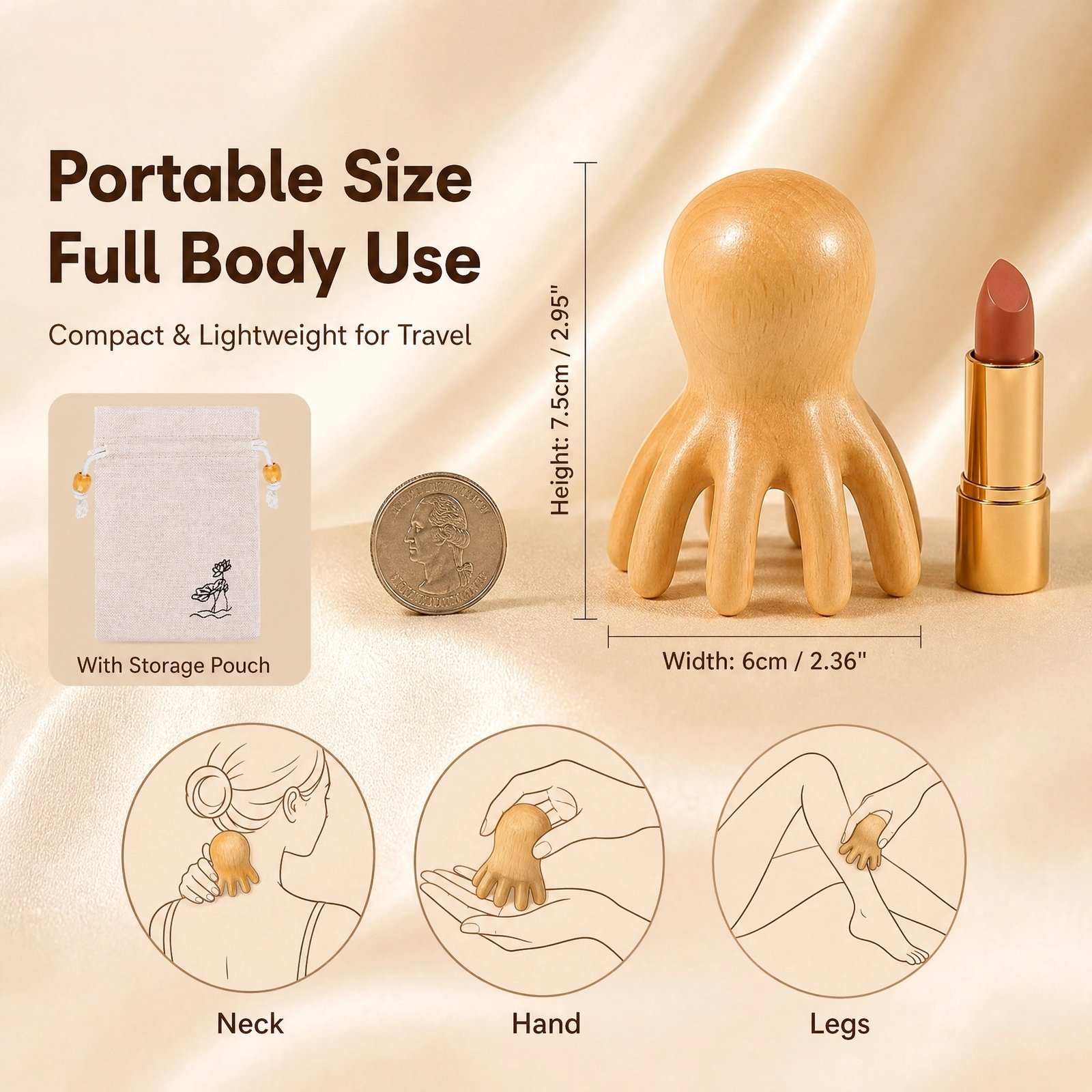 Octopus Scalp Massager · 8‑Claw Head · Natural Beech Wood · Everyday Comfort · Portable · With Storage Pouch - Image 2