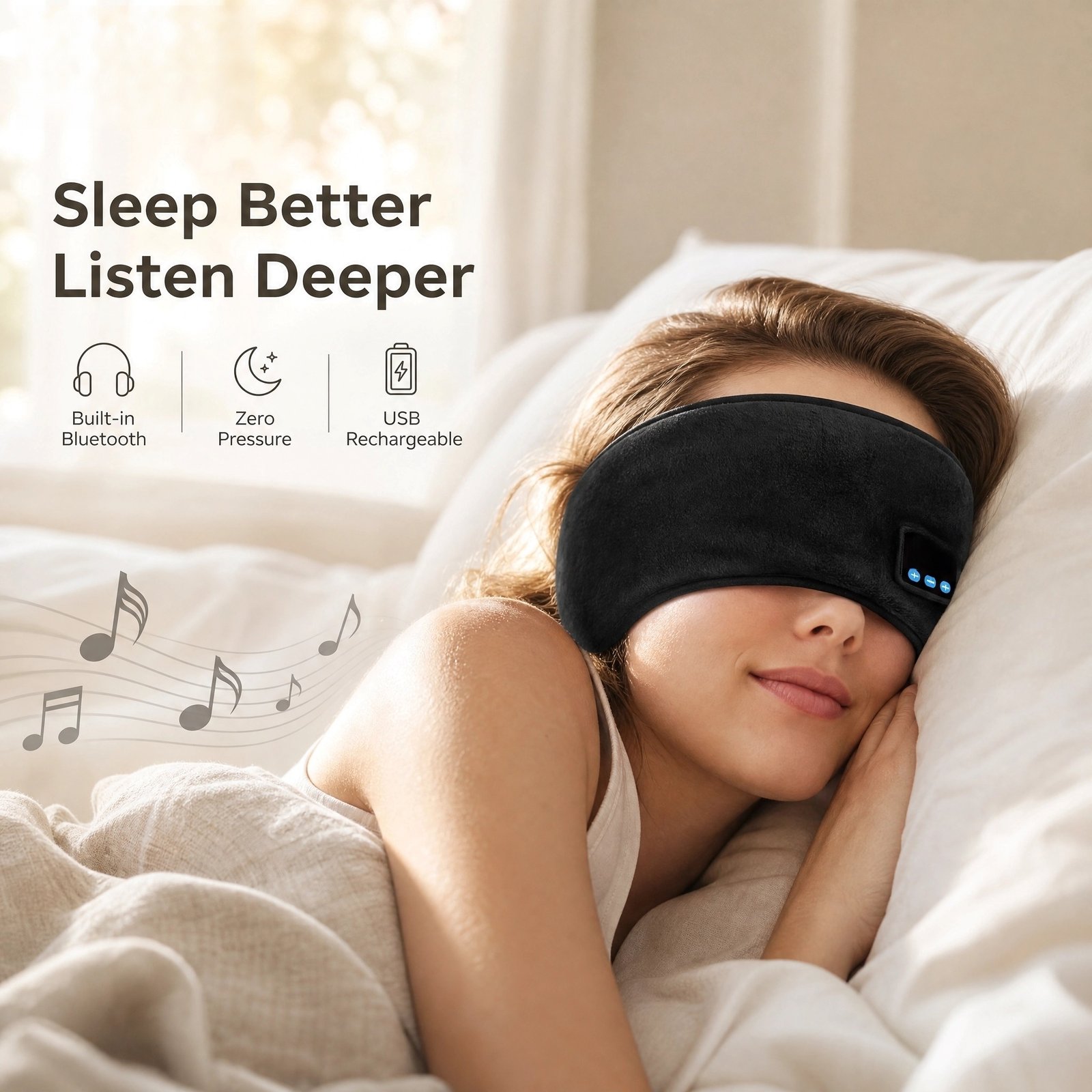 Bluetooth Sleep Eye Mask · Built‑in Headphones · 360° Zero Pressure · Soft Memory Foam · USB Rechargeable - Image 2