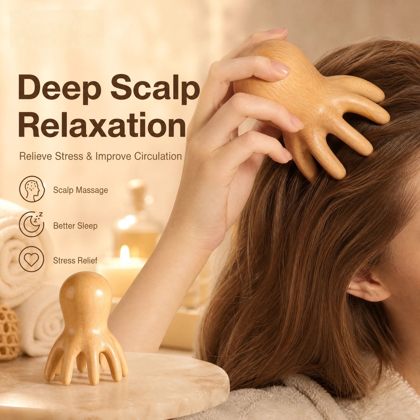 Octopus Scalp Massager · 8‑Claw Head · Natural Beech Wood · Everyday Comfort · Portable · With Storage Pouch - Image 5